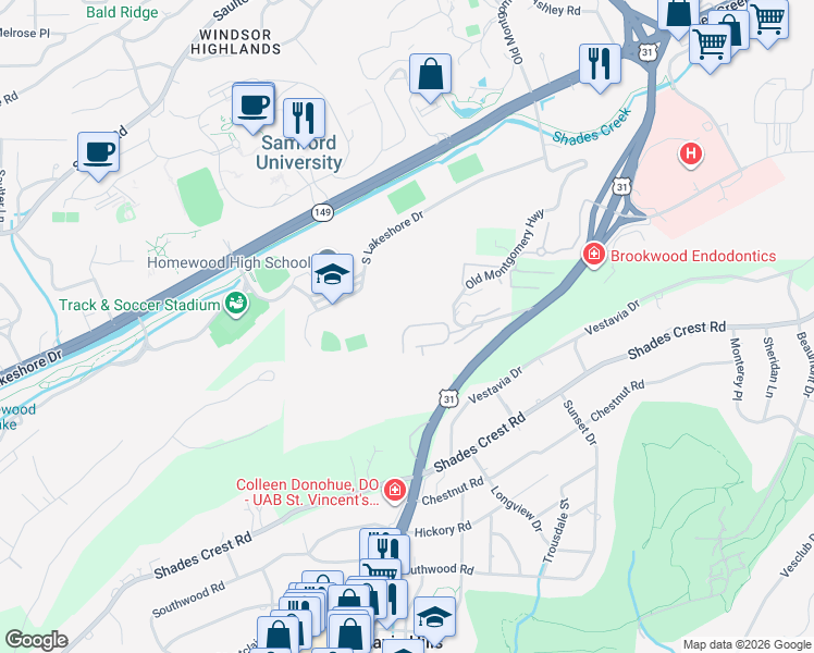 map of restaurants, bars, coffee shops, grocery stores, and more near 507 Woodland Village in Birmingham