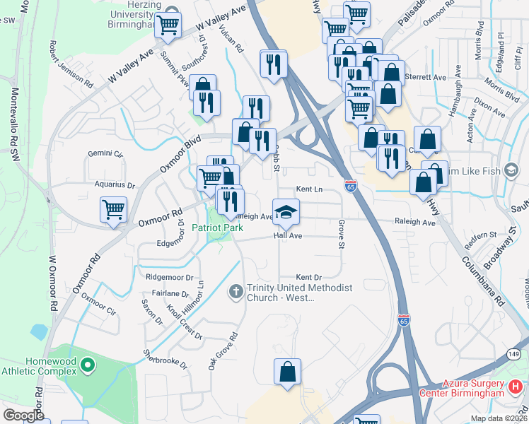 map of restaurants, bars, coffee shops, grocery stores, and more near 149 Gillon Drive in Birmingham