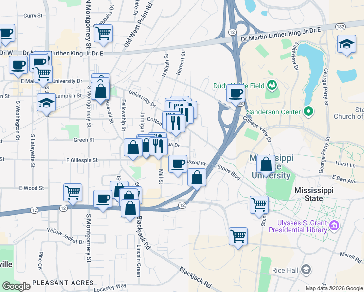 map of restaurants, bars, coffee shops, grocery stores, and more near 110 Colonel Muldrow Avenue in Starkville