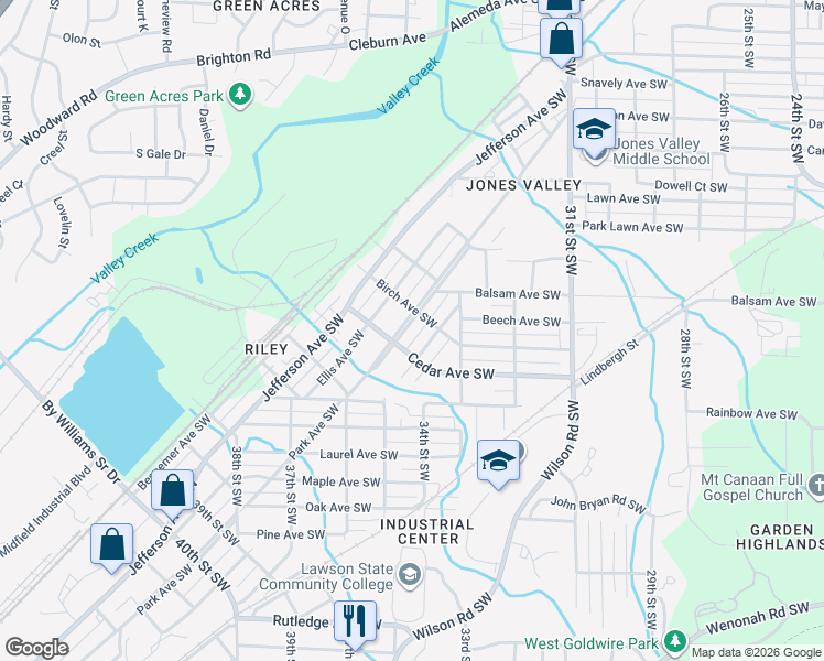 map of restaurants, bars, coffee shops, grocery stores, and more near 3445 Park Avenue Southwest in Birmingham
