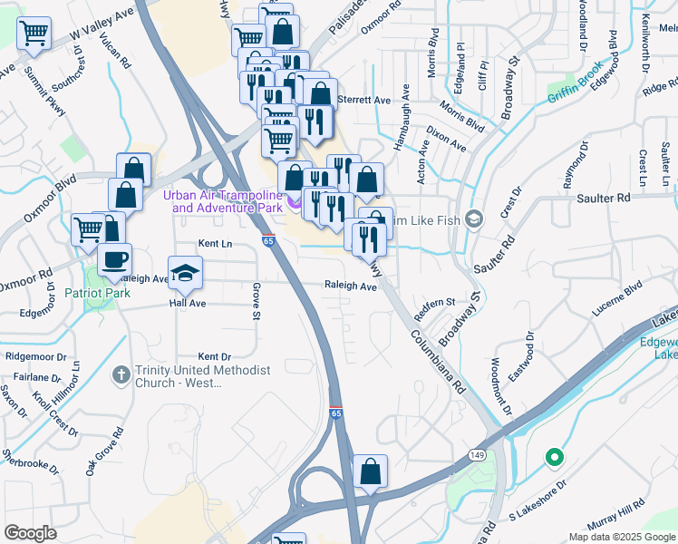 map of restaurants, bars, coffee shops, grocery stores, and more near 445 Woodvale Ln in Birmingham