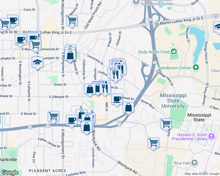 map of restaurants, bars, coffee shops, grocery stores, and more near 12 Lummus Drive in Starkville