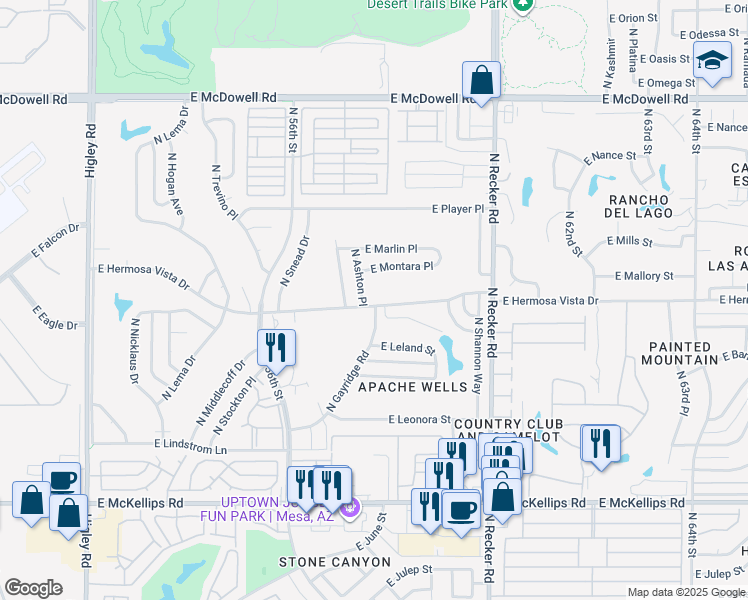 map of restaurants, bars, coffee shops, grocery stores, and more near 5728 East Hermosa Vista Drive in Mesa