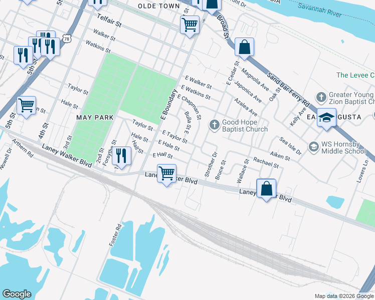 map of restaurants, bars, coffee shops, grocery stores, and more near 805 Belafonte Drive in Augusta