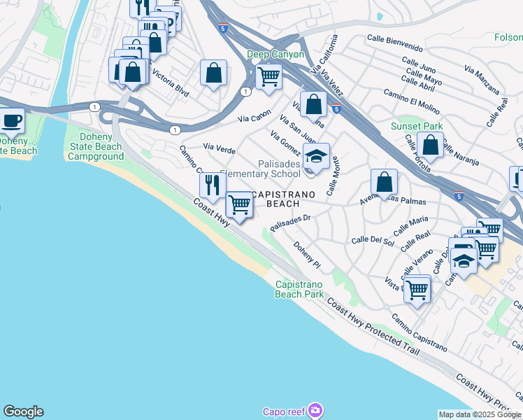 map of restaurants, bars, coffee shops, grocery stores, and more near 34691 1/2 Camino Capistrano in Dana Point