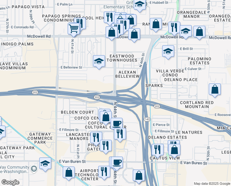 map of restaurants, bars, coffee shops, grocery stores, and more near 1111 North 44th Street in Phoenix