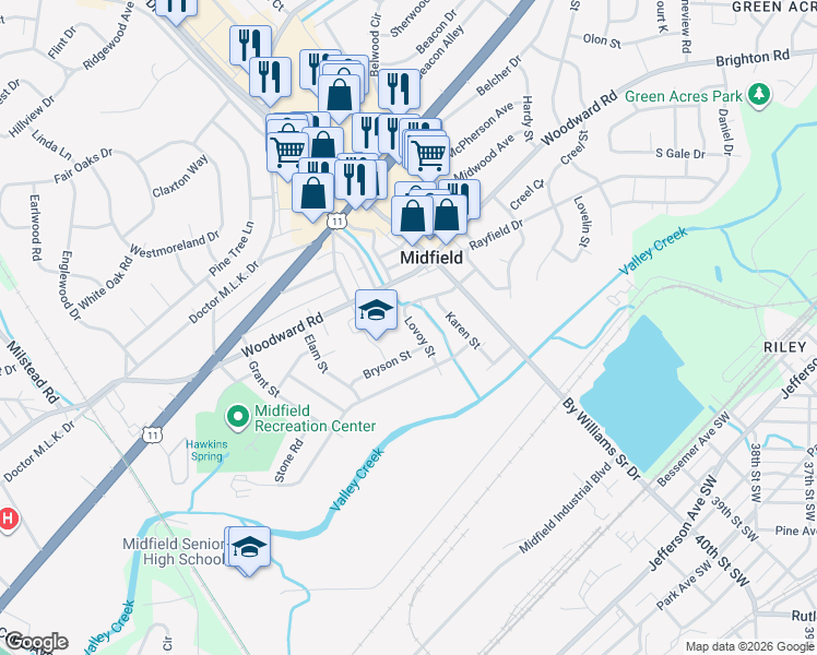 map of restaurants, bars, coffee shops, grocery stores, and more near 512 Lovoy Street in Birmingham