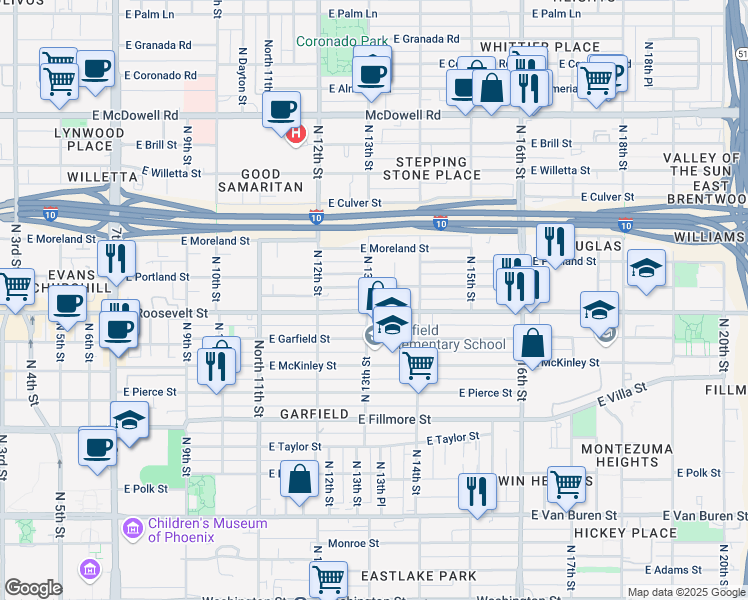 map of restaurants, bars, coffee shops, grocery stores, and more near 1302 East Roosevelt Street in Phoenix