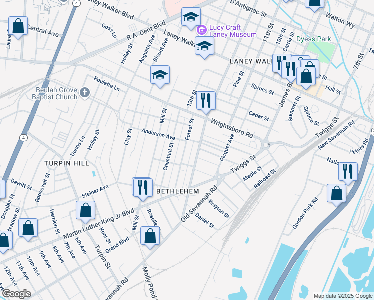 map of restaurants, bars, coffee shops, grocery stores, and more near 1522 Forest Street in Augusta