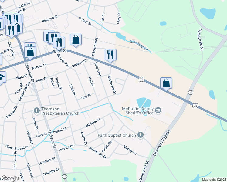 map of restaurants, bars, coffee shops, grocery stores, and more near 13 Boulevard Drive in Thomson