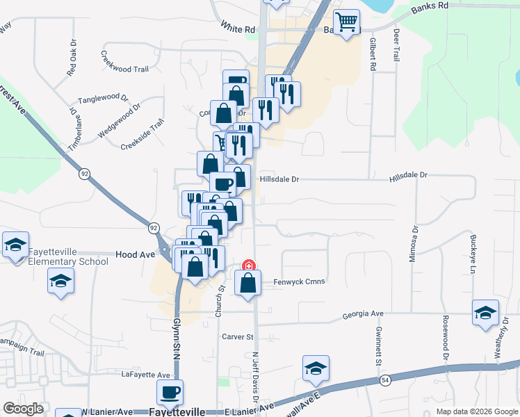 map of restaurants, bars, coffee shops, grocery stores, and more near 105 Rabbits Run in Fayetteville