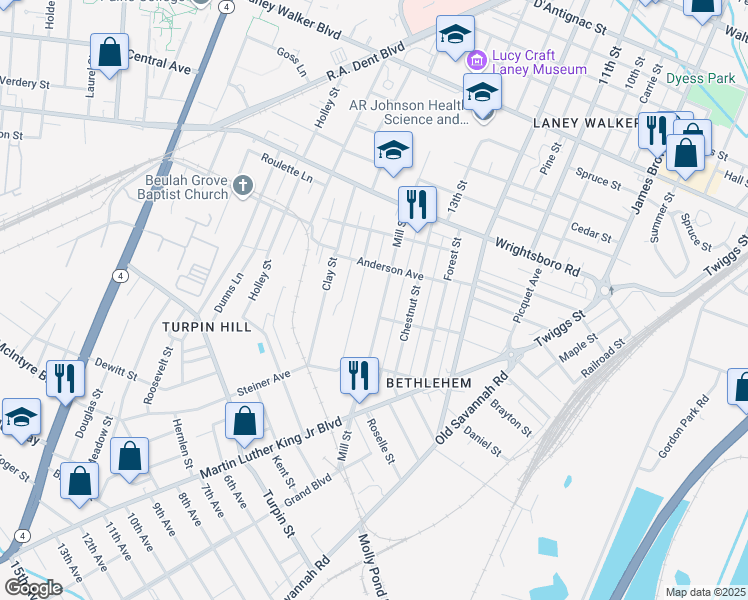 map of restaurants, bars, coffee shops, grocery stores, and more near 1539 Mill Street in Augusta