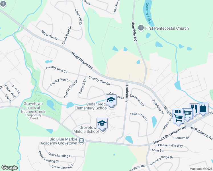 map of restaurants, bars, coffee shops, grocery stores, and more near 4475 Country Glen Circle in Grovetown