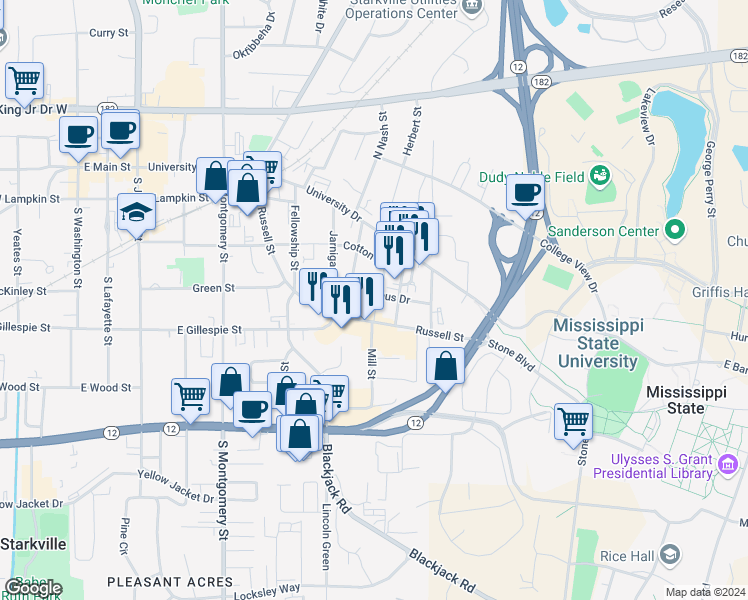 map of restaurants, bars, coffee shops, grocery stores, and more near 101 Planters Row in Starkville