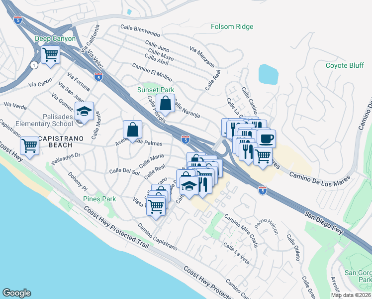 map of restaurants, bars, coffee shops, grocery stores, and more near 27031 Avenida Las Palmas in Dana Point