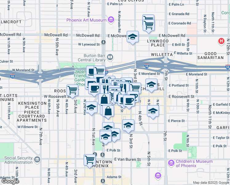 map of restaurants, bars, coffee shops, grocery stores, and more near 110 East Roosevelt Street in Phoenix