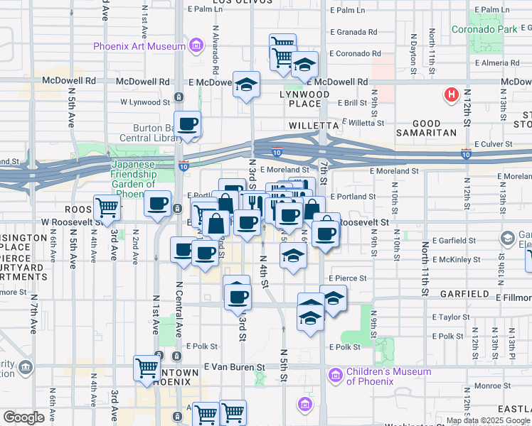 map of restaurants, bars, coffee shops, grocery stores, and more near 330 East Roosevelt Street in Phoenix
