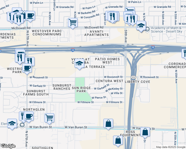 map of restaurants, bars, coffee shops, grocery stores, and more near 1001 North 62nd Avenue in Phoenix