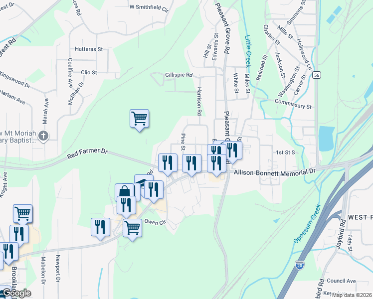 map of restaurants, bars, coffee shops, grocery stores, and more near 114 Pine Street in Bessemer