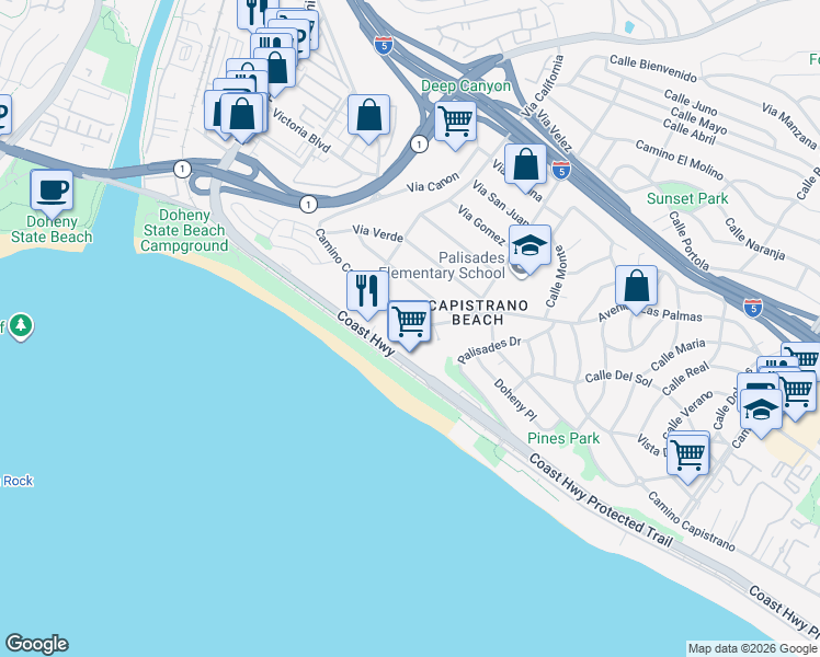 map of restaurants, bars, coffee shops, grocery stores, and more near 34655 Camino Capistrano in Dana Point