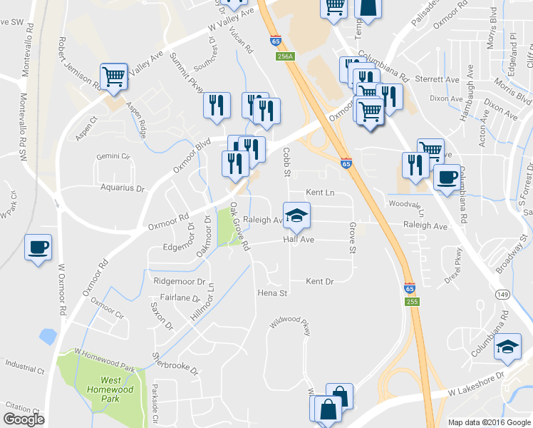 map of restaurants, bars, coffee shops, grocery stores, and more near 149 Gillon Drive in Birmingham