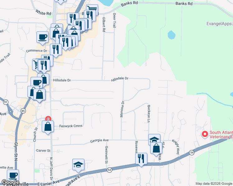 map of restaurants, bars, coffee shops, grocery stores, and more near 550 Rabbits Run in Fayetteville