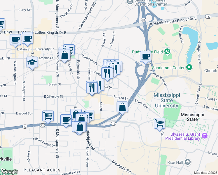 map of restaurants, bars, coffee shops, grocery stores, and more near 202 Lummus Drive in Starkville