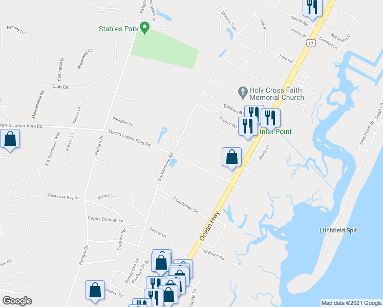 map of restaurants, bars, coffee shops, grocery stores, and more near 40 Brandy Mill Way in Pawleys Island