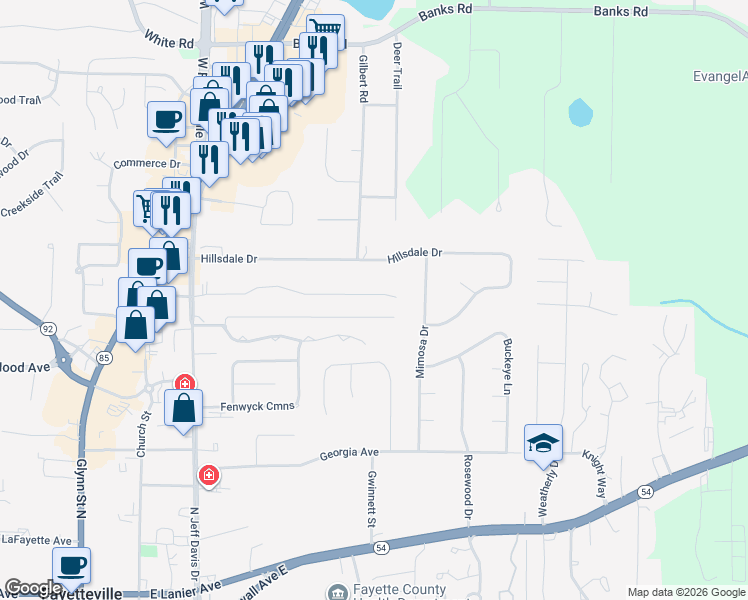 map of restaurants, bars, coffee shops, grocery stores, and more near 485 Rabbits Run in Fayetteville