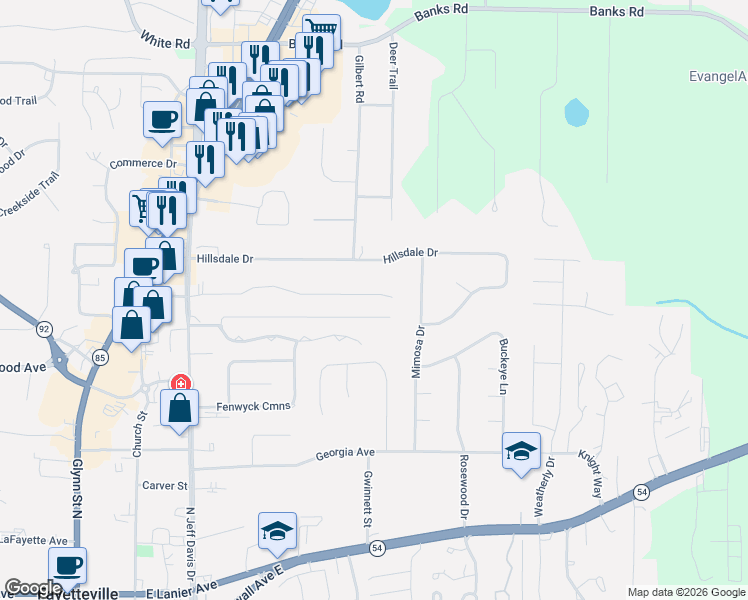 map of restaurants, bars, coffee shops, grocery stores, and more near 485 Rabbits Run in Fayetteville