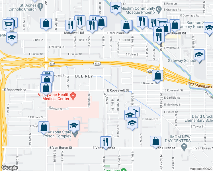 map of restaurants, bars, coffee shops, grocery stores, and more near 1015 North 28th Street in Phoenix