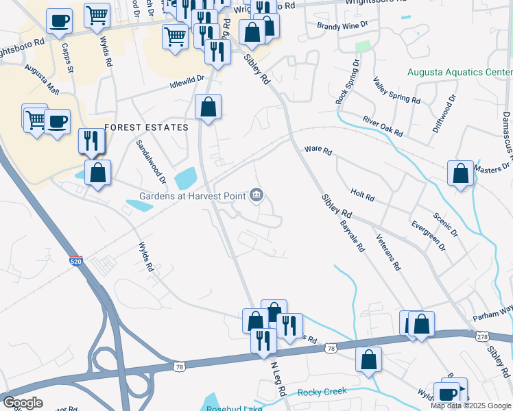 map of restaurants, bars, coffee shops, grocery stores, and more near 1901 Harvest Point Way in Augusta