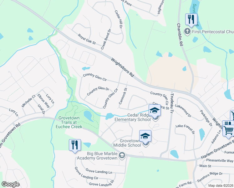 map of restaurants, bars, coffee shops, grocery stores, and more near 910 Cannock Street in Grovetown