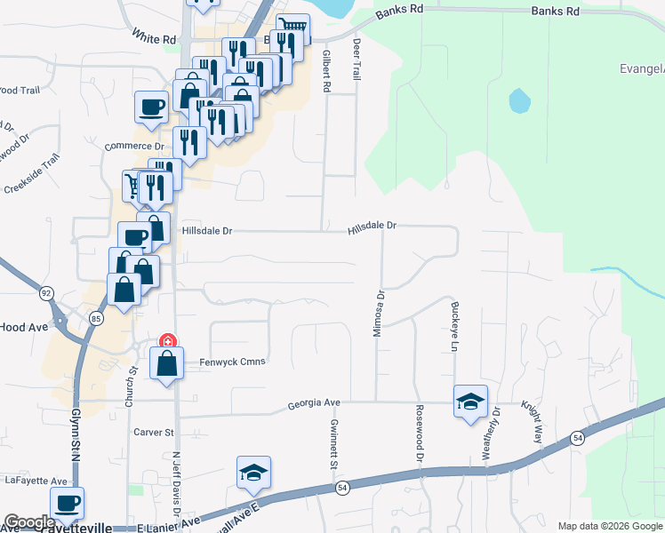 map of restaurants, bars, coffee shops, grocery stores, and more near 485 Rabbits Run in Fayetteville