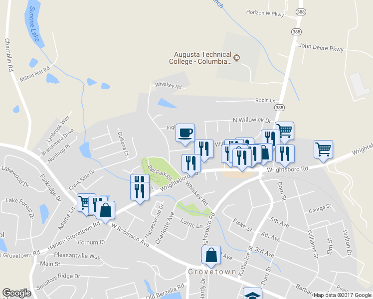 map of restaurants, bars, coffee shops, grocery stores, and more near 314 Whiskey Road in Grovetown