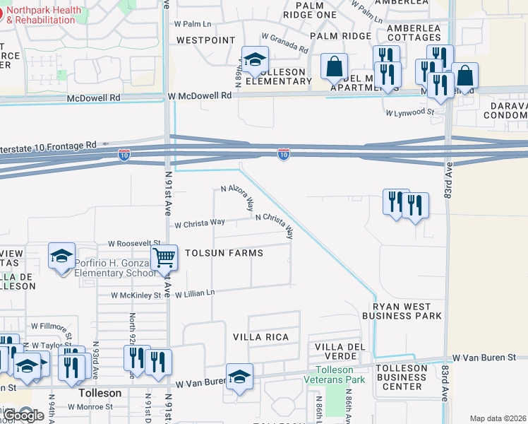 map of restaurants, bars, coffee shops, grocery stores, and more near 1107 North Christa Way in Tolleson