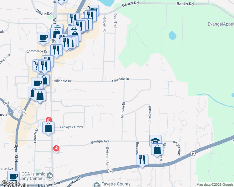 map of restaurants, bars, coffee shops, grocery stores, and more near 550 Rabbits Run in Fayetteville