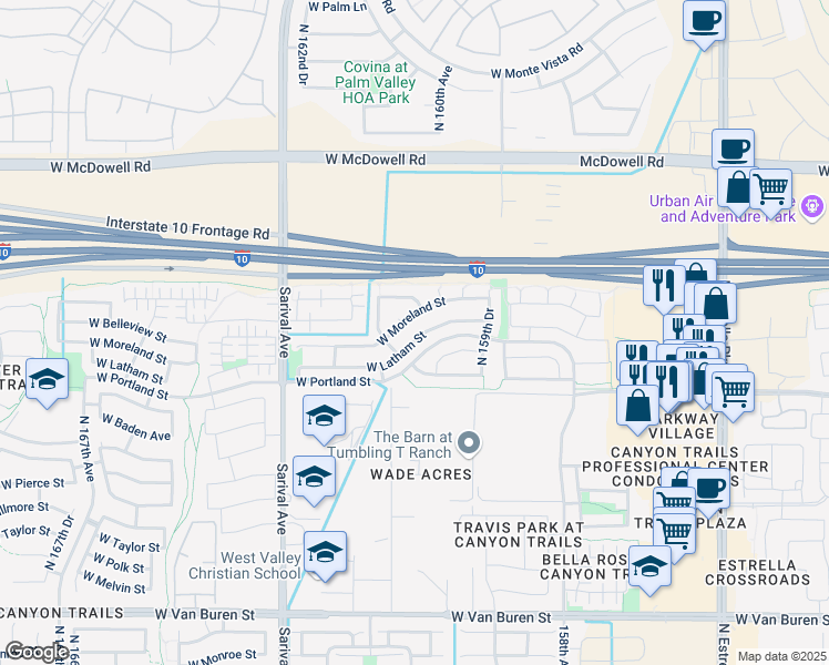 map of restaurants, bars, coffee shops, grocery stores, and more near 16043 West Latham Street in Goodyear