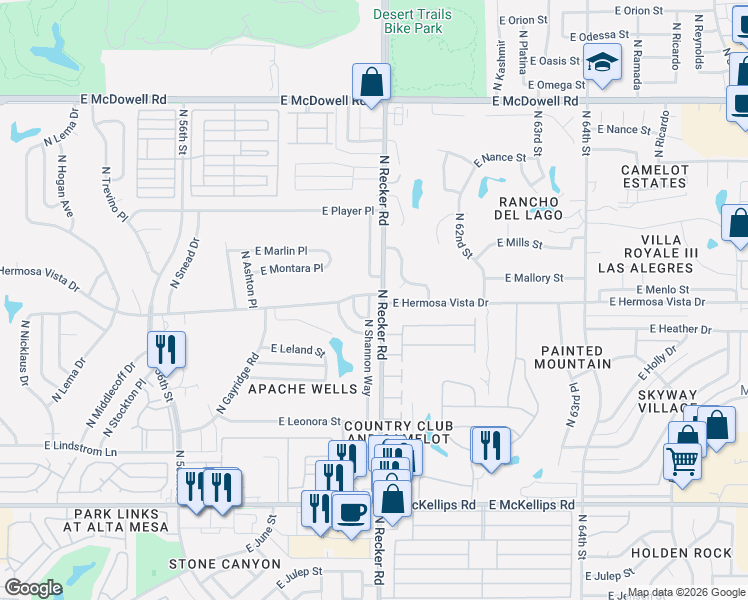 map of restaurants, bars, coffee shops, grocery stores, and more near 2352 North Shannon Way in Mesa