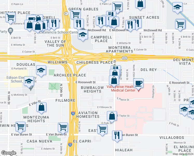 map of restaurants, bars, coffee shops, grocery stores, and more near 2232 East Roosevelt Street in Phoenix