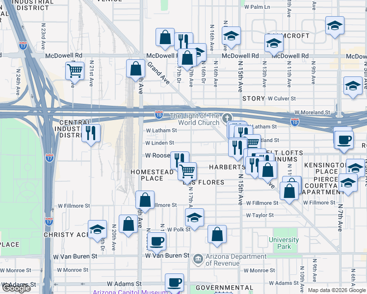 map of restaurants, bars, coffee shops, grocery stores, and more near 1714 West Roosevelt Street in Phoenix