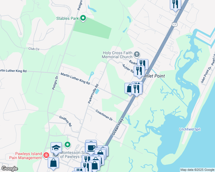 map of restaurants, bars, coffee shops, grocery stores, and more near 40 Brandy Mill Way in Pawleys Island