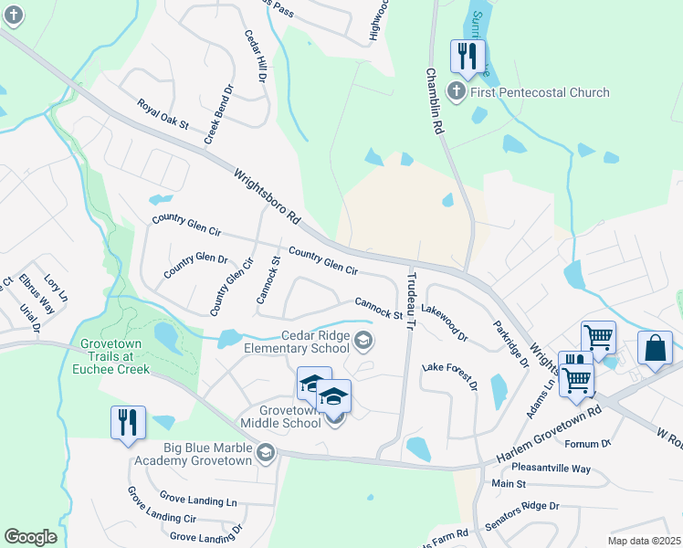 map of restaurants, bars, coffee shops, grocery stores, and more near 4473 Country Glen Circle in Grovetown