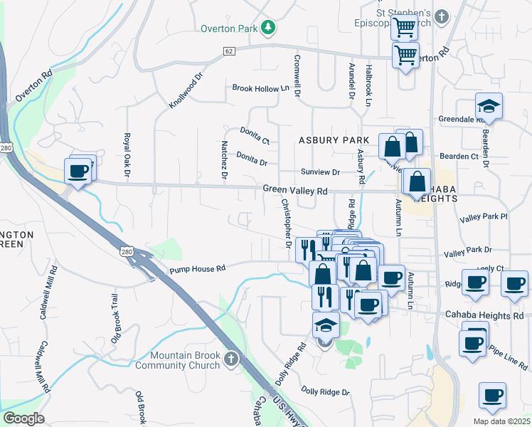 map of restaurants, bars, coffee shops, grocery stores, and more near 2964 Pipe Line Road in Vestavia Hills