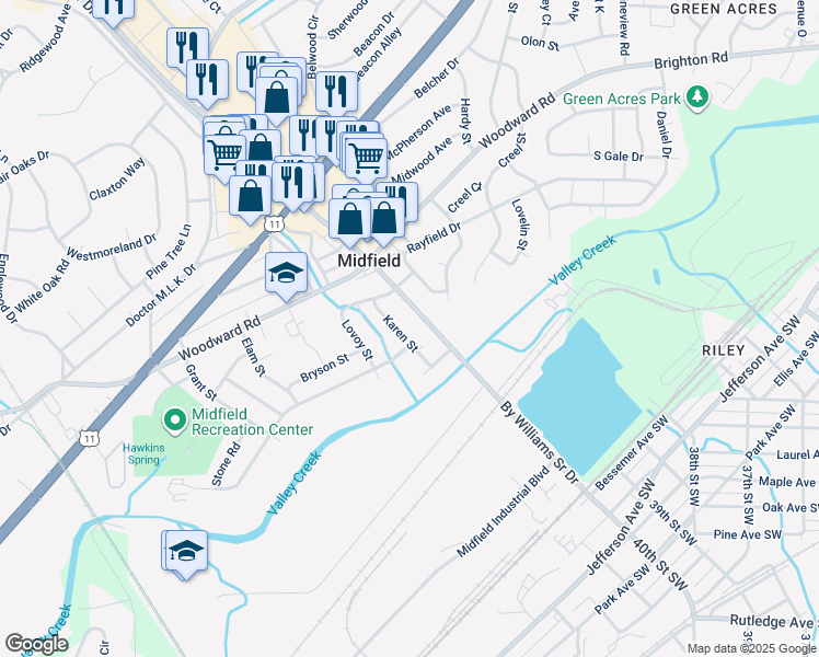 map of restaurants, bars, coffee shops, grocery stores, and more near 537 Karen Street in Birmingham