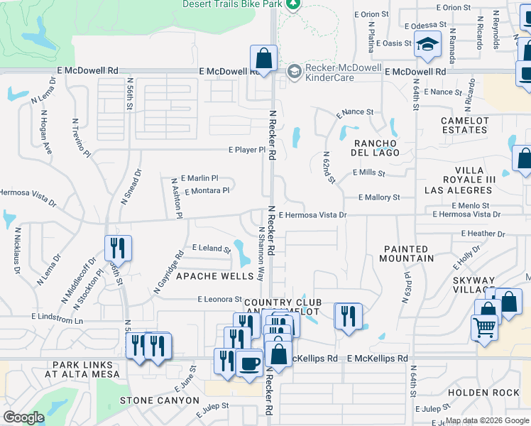 map of restaurants, bars, coffee shops, grocery stores, and more near 2352 North Shannon Way in Mesa