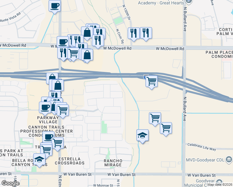 map of restaurants, bars, coffee shops, grocery stores, and more near 15075 West Latham Street in Goodyear