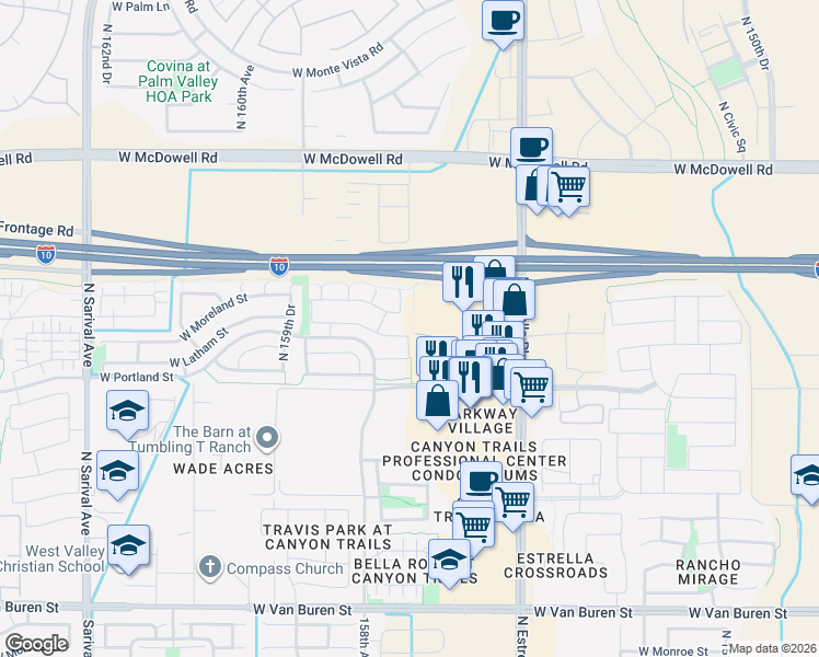 map of restaurants, bars, coffee shops, grocery stores, and more near 15708 West Latham Street in Goodyear