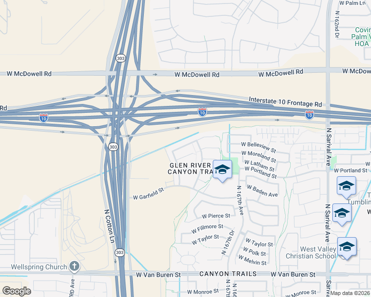 map of restaurants, bars, coffee shops, grocery stores, and more near 16871 West Belleview Street in Goodyear