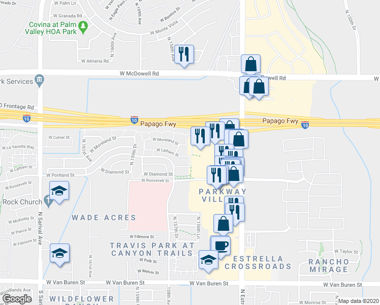map of restaurants, bars, coffee shops, grocery stores, and more near 15708 West Latham Street in Goodyear